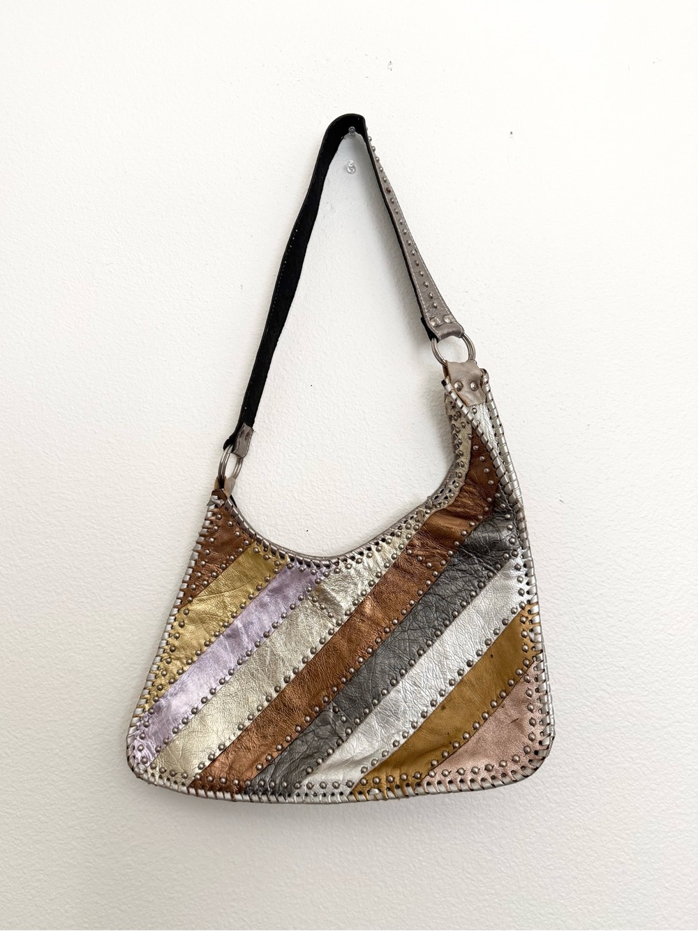 Vintage Patchwork Metallic Leather Shoulder Bag y2k Grunge